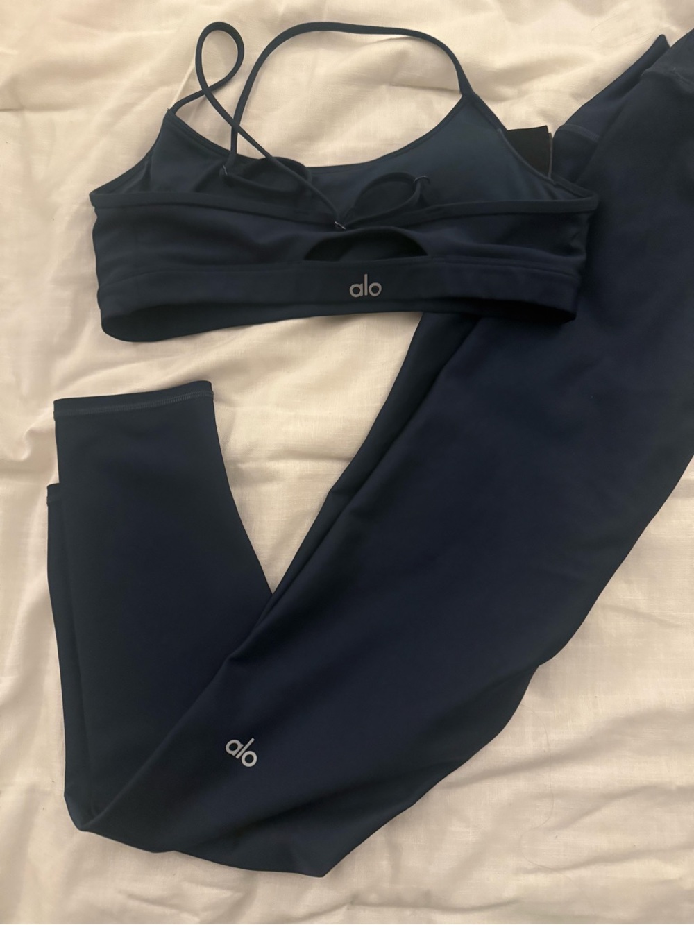 ALO Yoga Navy Leggings with Strappy Sports Bra Set